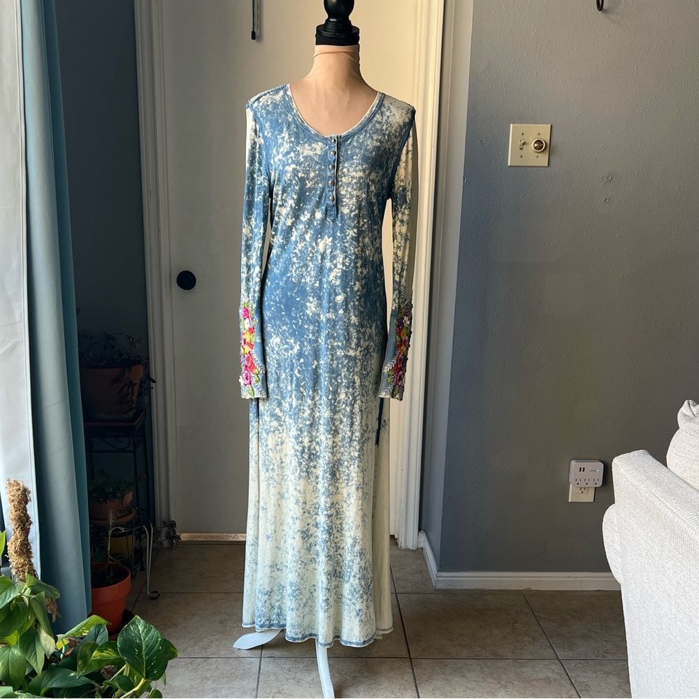 Blue Tie-Dye Dress with Floral Embroidery